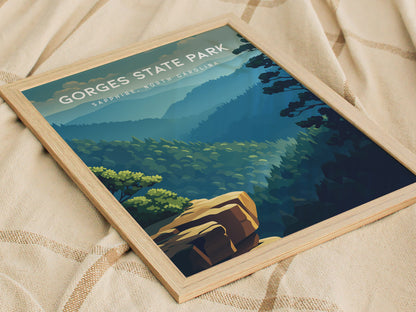 Gorges State Park, Sapphire, North Carolina Poster | Waterfall & Mountain Forest Travel Wall Art — styled in a modern interio