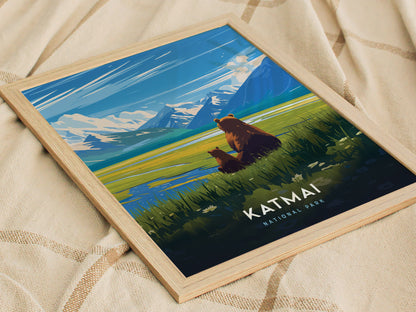 Illustrated poster of Katmai National Park features two brown bears sitting by a lake with snow-capped mountains in the background, framed in light wood on a beige fabric.