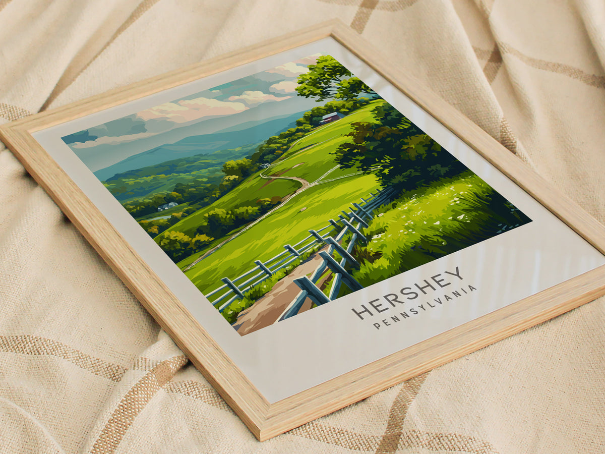 Hershey Matte Border Poster | Pennsylvania Travel Wall Art — styled in a modern interior
