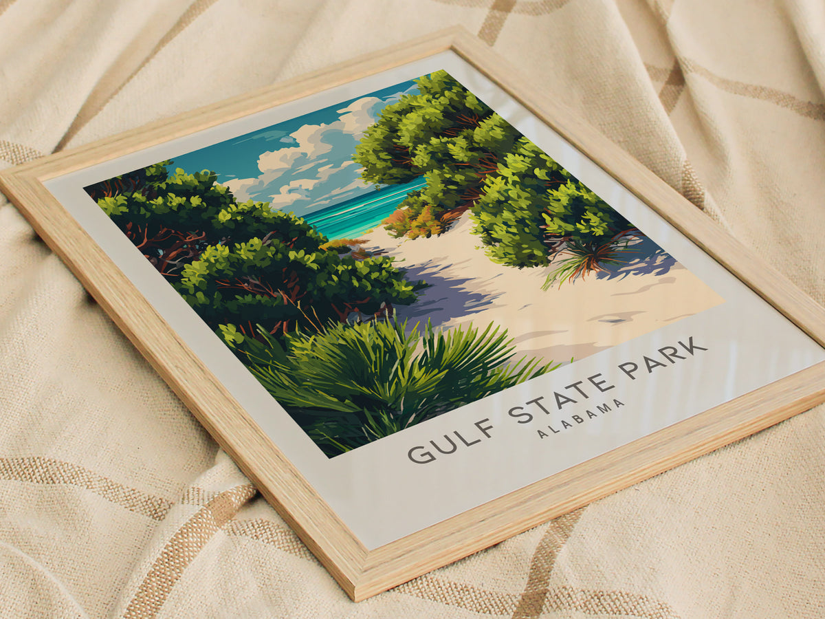 Gulf State Park Matte Border Poster | Alabama Coastal Beach Decor Travel Wall Art — styled in a modern interior