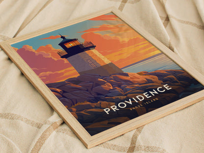 A framed poster depicting a lighthouse at sunset, with vibrant orange and purple clouds, sits on a textured beige fabric. The text reads Providence Rhode Island.