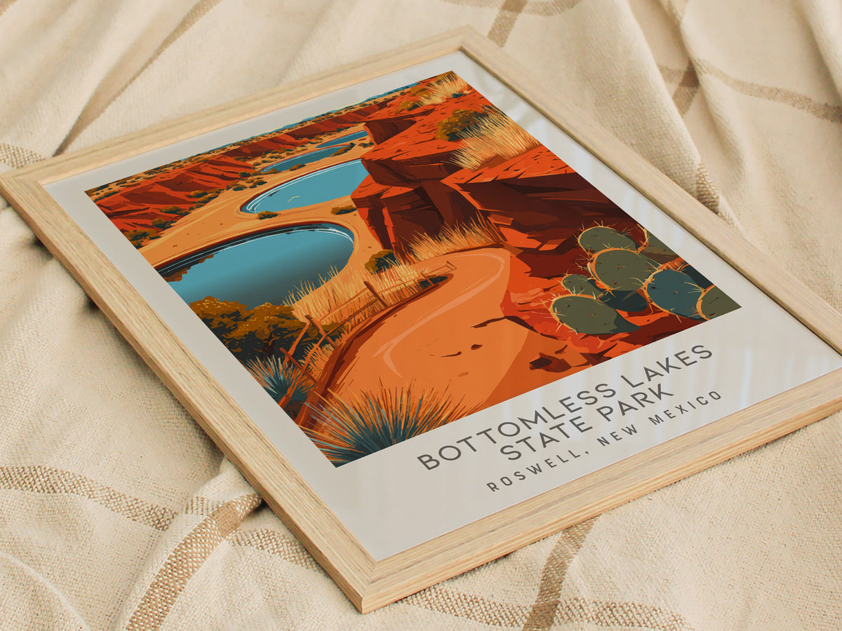 Bottomless Lakes State Park Matte Border Poster | Roswell, New Mexico Travel Wall Art — styled in a modern interior
