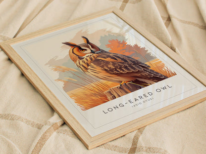 Long-eared Owl, Asio otus Poster | Mysterious Forest Raptor Bird Wall Art — styled in a modern interior