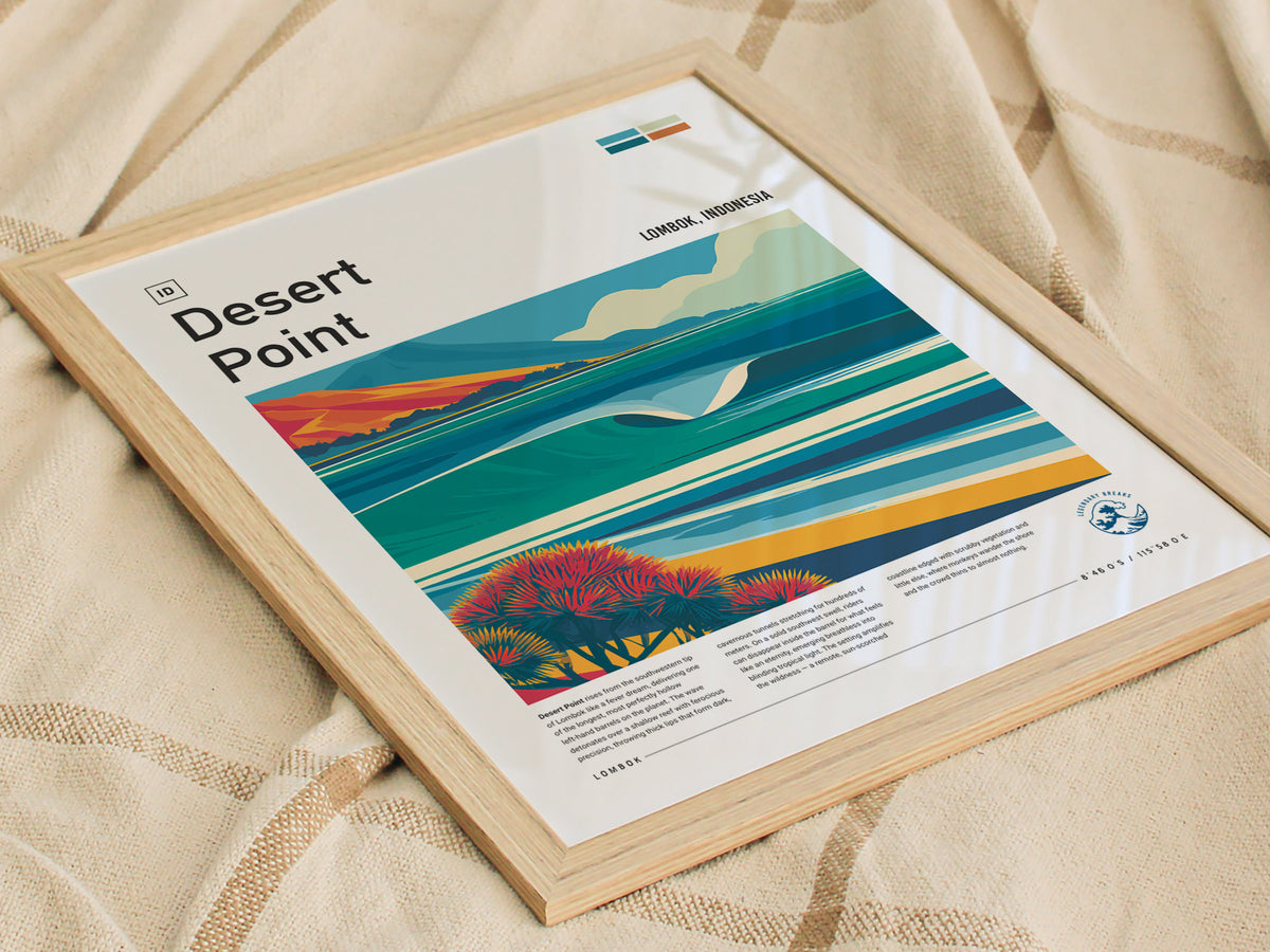 Desert Point, Lombok, Indonesia Poster | Surf Wall Art & Wave Print Wall Art — styled in a modern interior