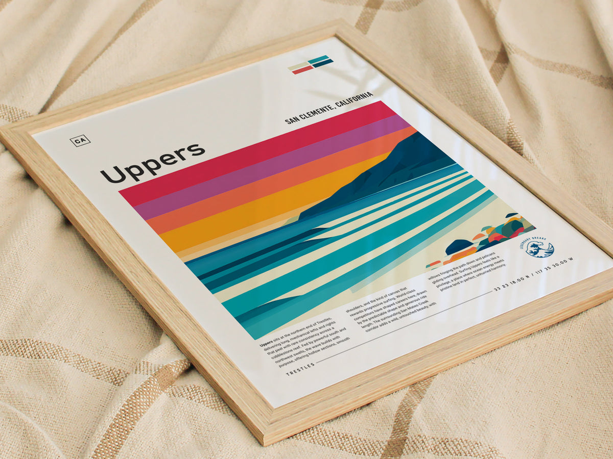 Uppers, Trestles Poster | Golden Hour Barrel Surf Wall Art — styled in a modern interior