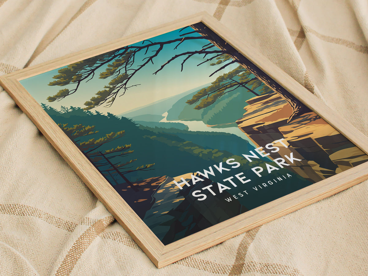 Hawks Nest State Park, West Virginia Poster | New River Gorge Scenic Vacation Wall Art — styled in a modern interior