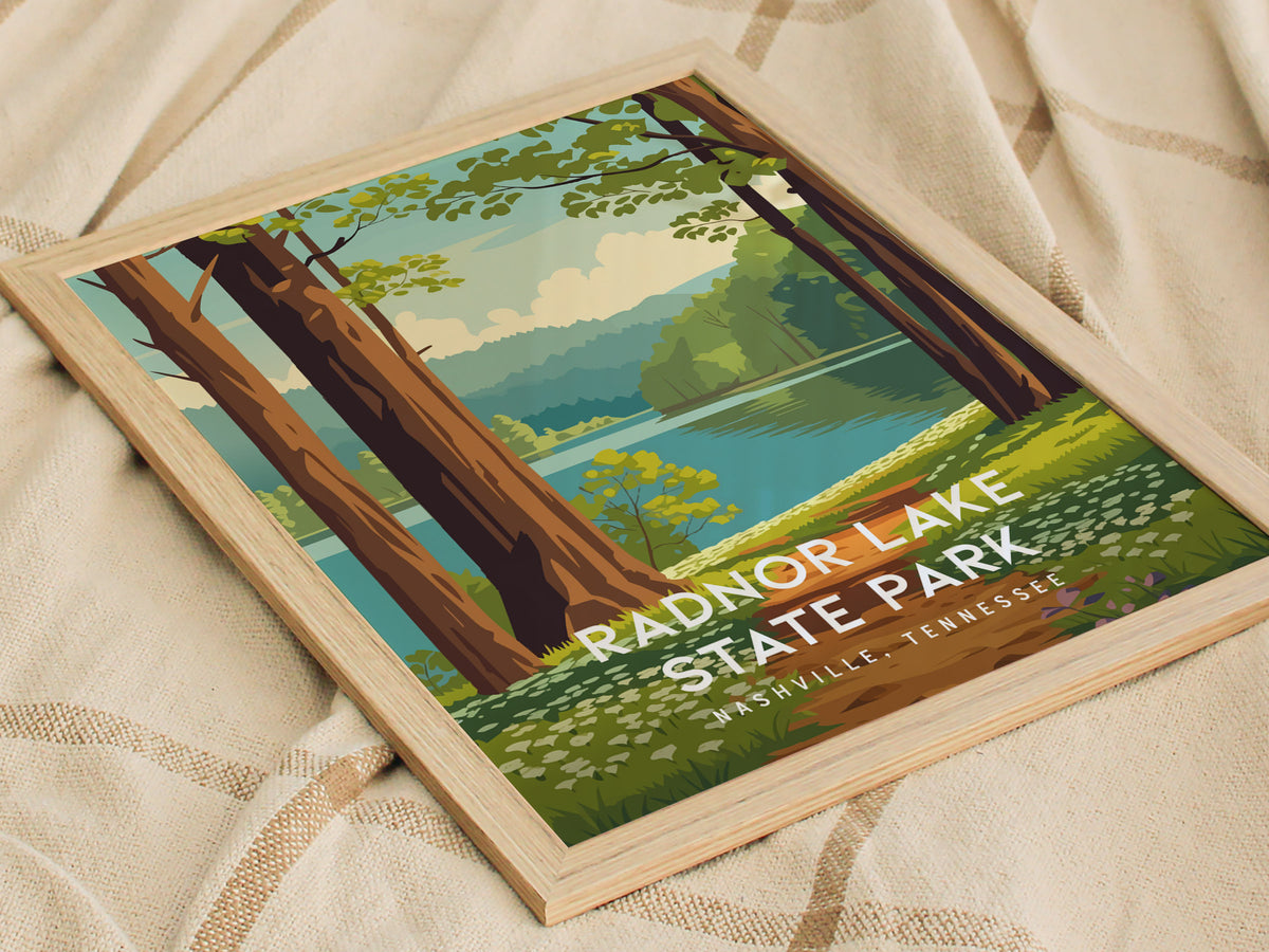 Radnor Lake State Park, Nashville, Tennessee Poster | Woodland Lake Serenity Travel Wall Art — styled in a modern interior