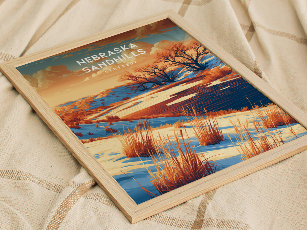 Nebraska Sandhills, Nebraska Poster | Rolling Prairie Grasslands Travel Wall Art — styled in a modern interior