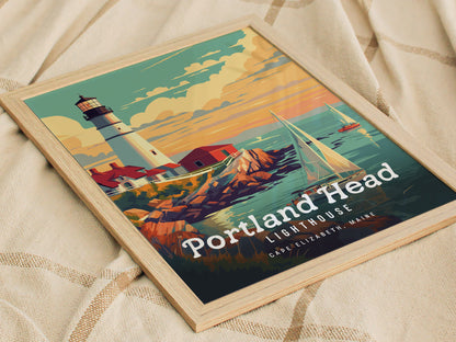 A framed poster of the Portland Head Lighthouse shows a vibrant illustration with a sailboat, rocky cliffs, and a sunset sky. Text reads Portland Head Lighthouse, Cape Elizabeth, Maine.