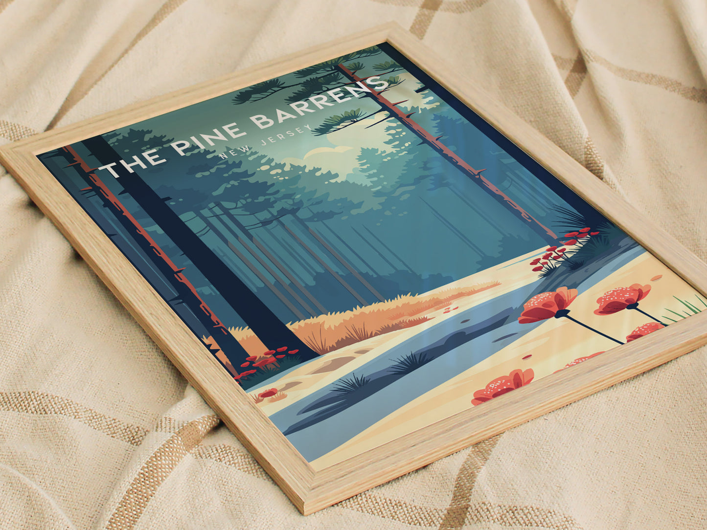 The Pine Barrens, New Jersey Poster | Misty Pines & Cranberry Bogs Wall Art — styled in a modern interior