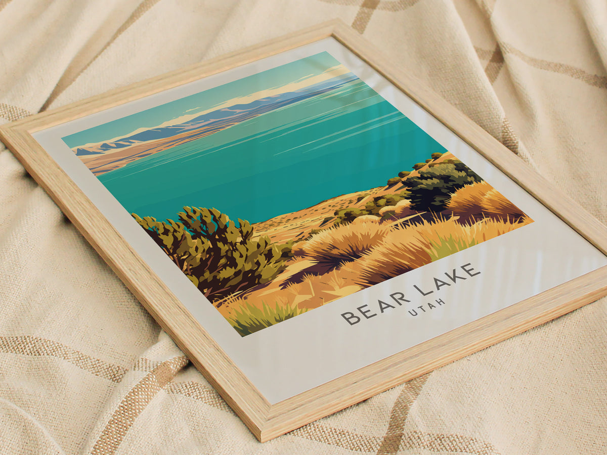 Bear Lake Matte Border Poster | Utah Travel Wall Art Coastal Beach Decor — styled in a modern interior