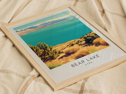Bear Lake Matte Border Poster | Utah Travel Wall Art Coastal Beach Decor — styled in a modern interior