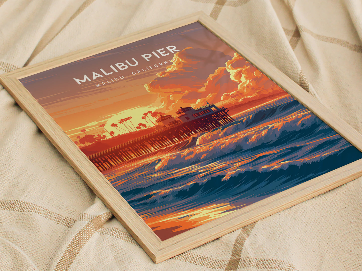 Malibu Pier, California Poster | Golden Coast Sunset Vibes Wall Art — styled in a modern interior