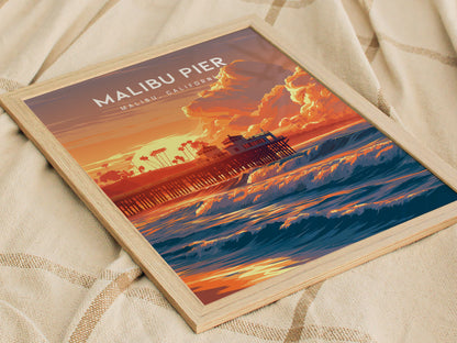 Malibu Pier, California Poster | Golden Coast Sunset Vibes Wall Art — styled in a modern interior
