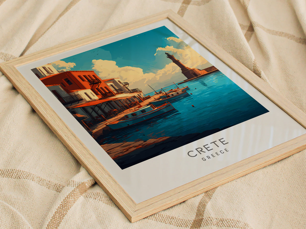 Crete Matte Border Poster | Greece Coastal Beach Decor Travel Wall Art — styled in a modern interior