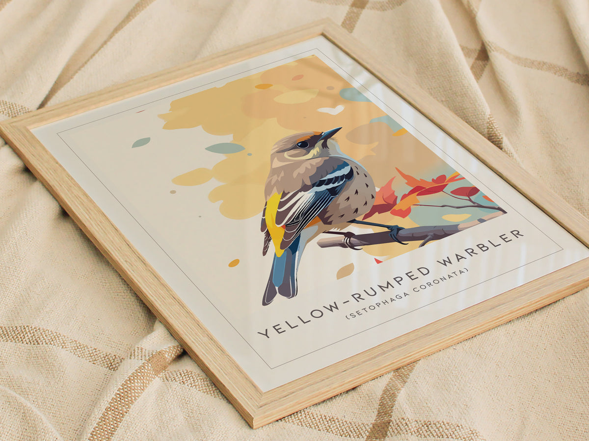 Yellow-rumped Warbler, Setophaga coronata Poster | Vibrant Songbird Nature Poster Wall Art — styled in a modern interior