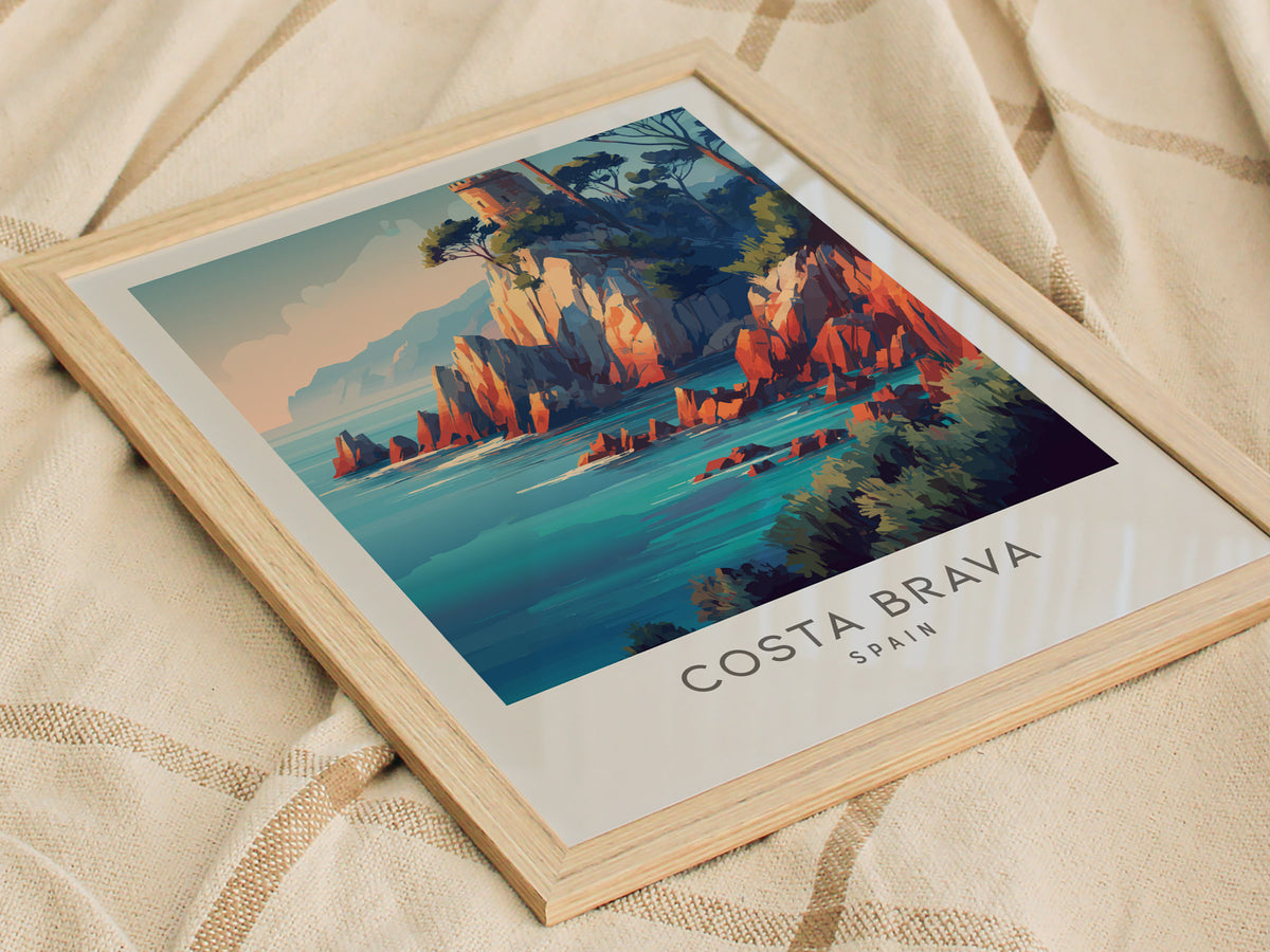 Costa Brava Matte Border Poster | Spain Coastal Beach Decor Travel Wall Art — styled in a modern interior