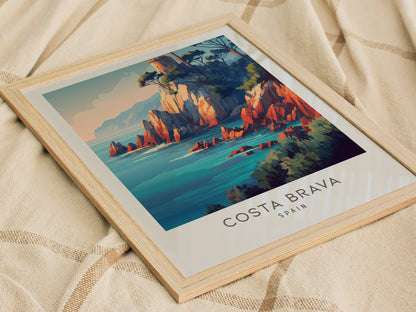 Costa Brava Matte Border Poster | Spain Coastal Beach Decor Travel Wall Art — styled in a modern interior