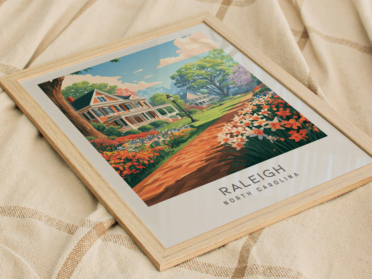 Raleigh Matte Border Poster | North Carolina Oak City Vacation Wall Art — styled in a modern interior
