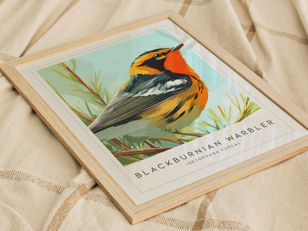 Blackburnian Warbler, Setophaga fusca Poster | Fiery Songbird Nature Print Wall Art — styled in a modern interior