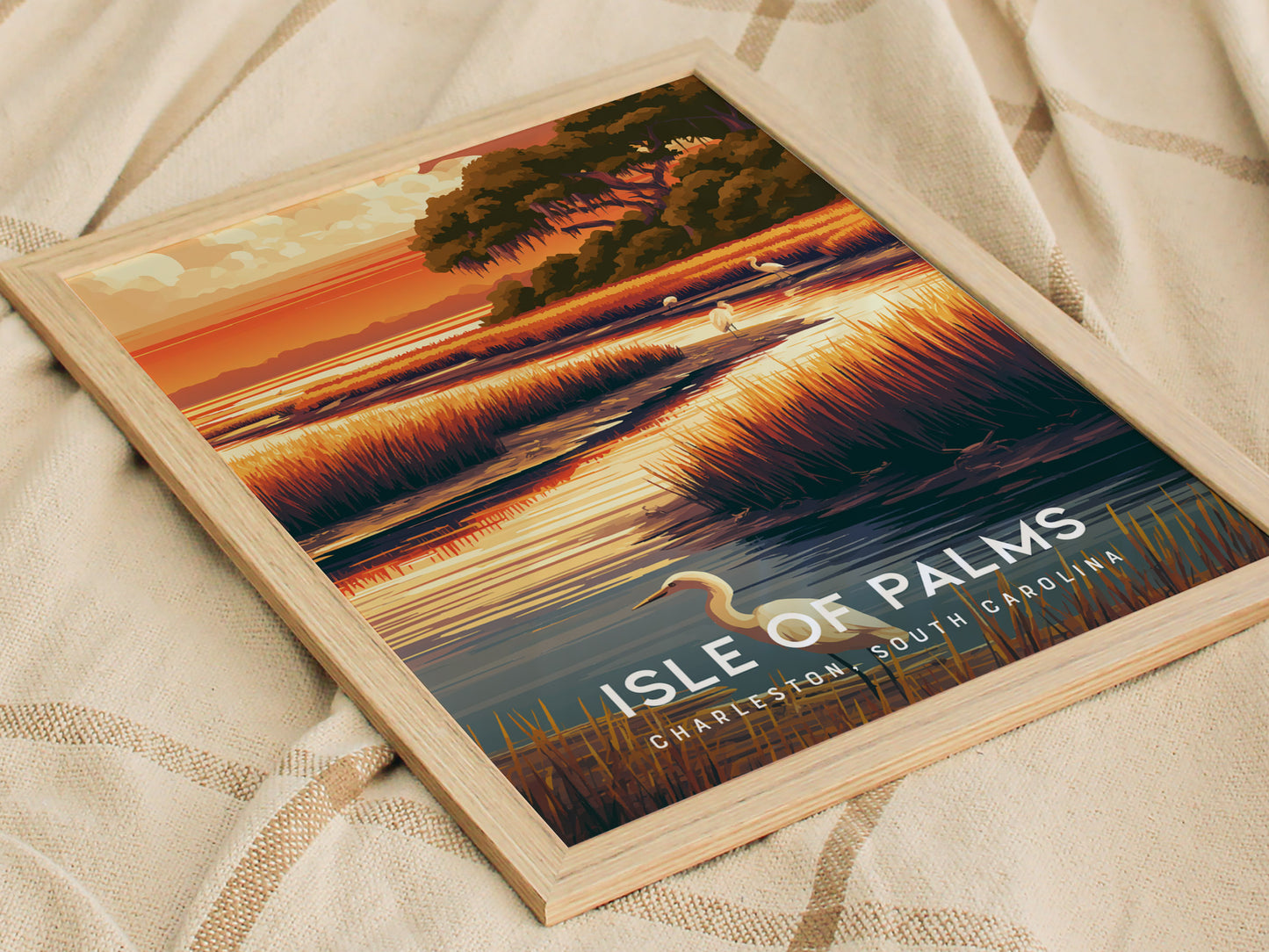 Isle of Palms, South Carolina Poster | Golden Beach & Palm Tree Wall Art — styled in a modern interior