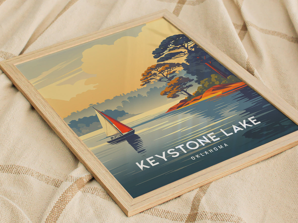 Keystone Lake, Oklahoma Poster | Lakeside Vacation Wall Art — styled in a modern interior