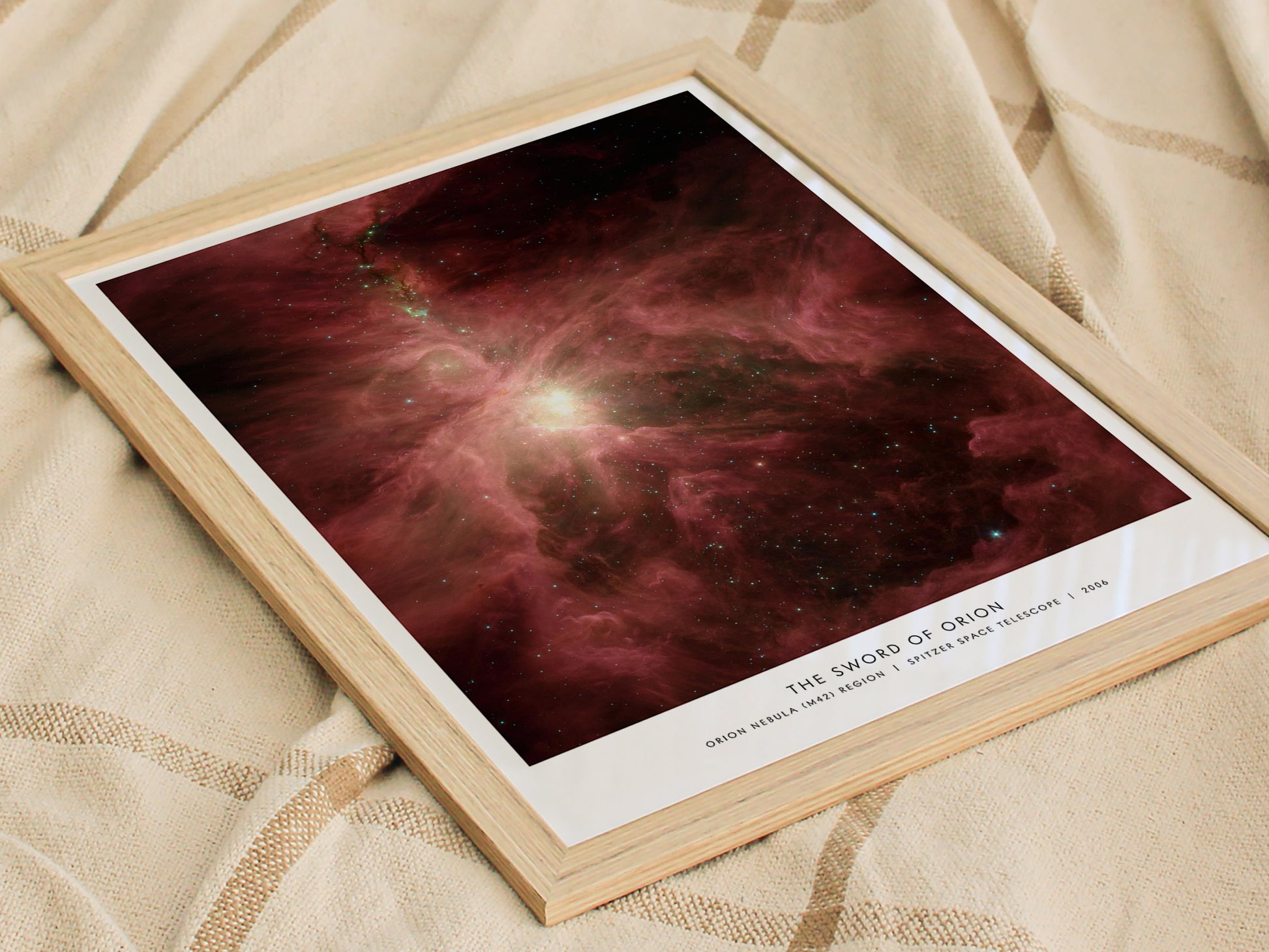 Close up of Sword of Orion poster showing M42, M43, and surrounding glowing nebulae and dust lanes