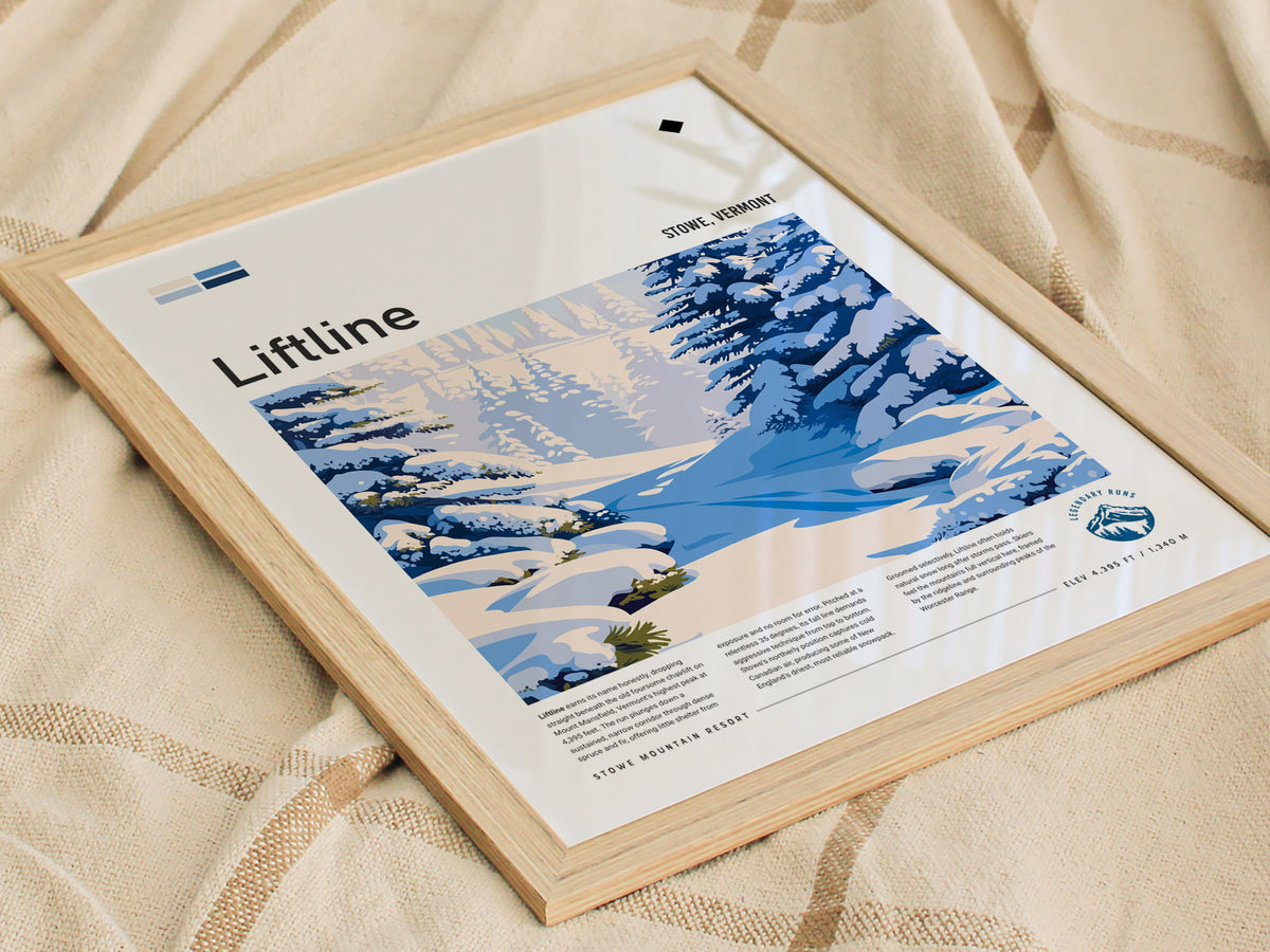 Liftline, Stowe, Vermont Poster | Alpine Print Ski Lodge Decor Wall Art — styled in a modern interior