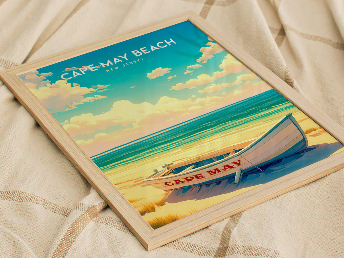 Cape May Beach, New Jersey Poster | Victorian Shore & Sunset Coastal Beach Decor — styled in a modern interior