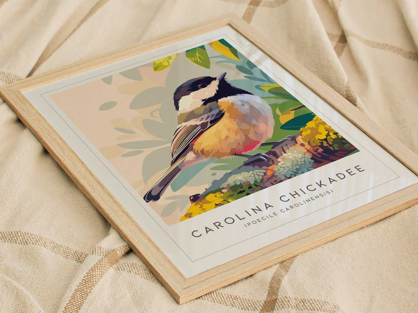 Carolina Chickadee Poster | Charming Songbird in Autumn Branches Wall Art — styled in a modern interior