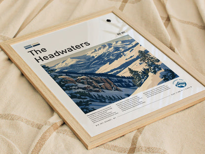 The Headwaters, Big Sky Montana Poster | Ski Lodge Decor Alpine Print Wall Art — styled in a modern interior