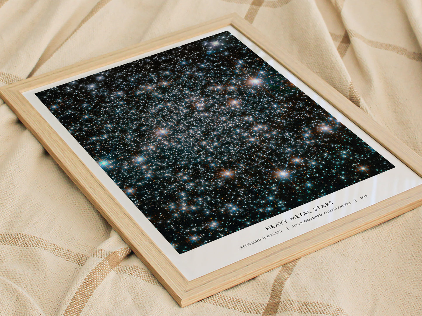 Framed print of a starry night sky with 'Heavy Metal Stars' text on a textured fabric background