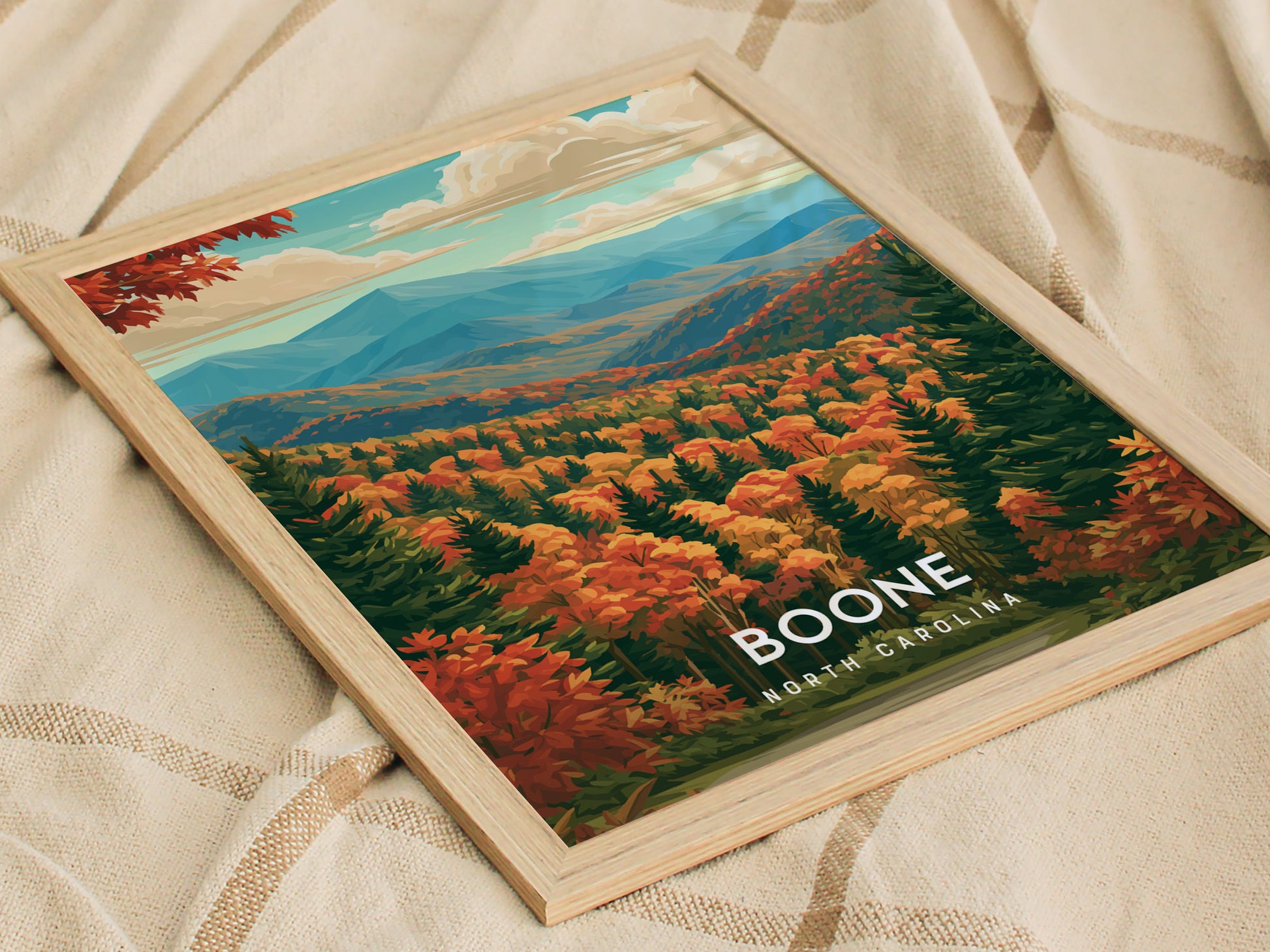 Boone, North Carolina Poster | Blue Ridge Mountain Charm Wall Art — styled in a modern interior
