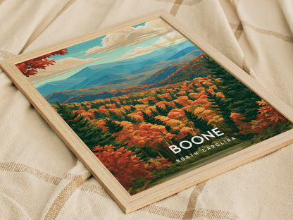 Boone, North Carolina Poster | Blue Ridge Mountain Charm Wall Art — styled in a modern interior