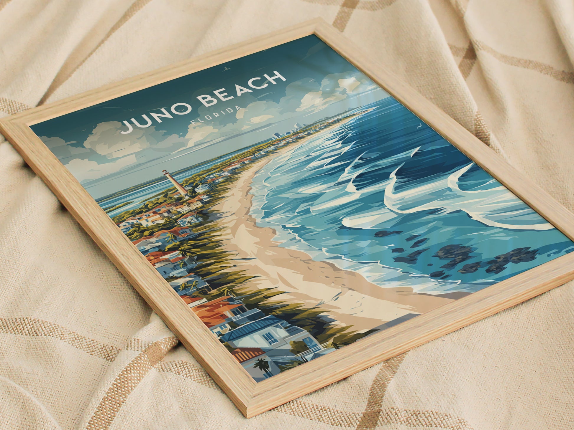 Juno Beach, Florida Poster | Sea Turtle & Sunrise Shoreline Wall Art — styled in a modern interior
