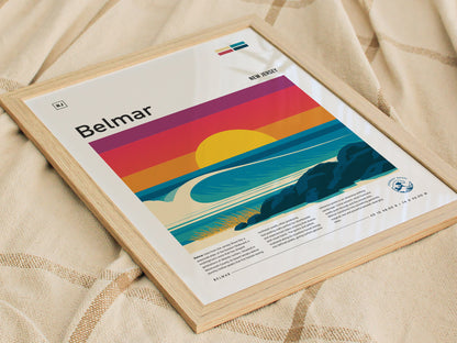 Belmar, New Jersey Poster | Surf & Boardwalk Coastal Wall Art — styled in a modern interior