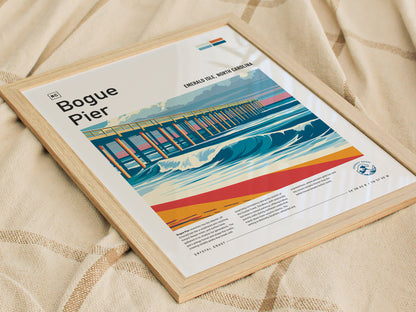 Bogue Pier, Emerald Isle, North Carolina Poster | Surf Wall Art & Beach House Decor — styled in a modern interior