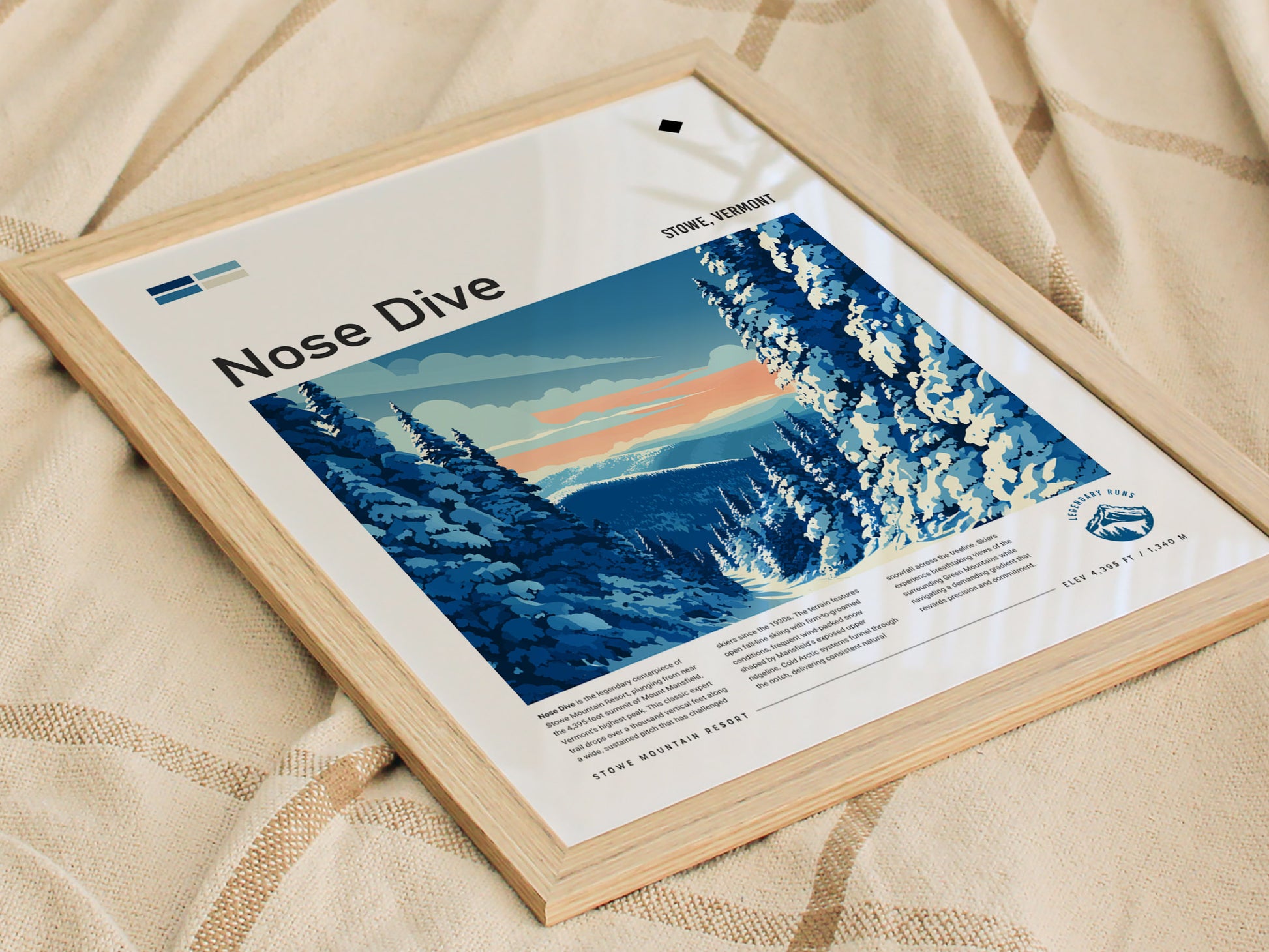 Nose Dive, Stowe, Vermont Poster | Bold Ski Run Mountain Wall Art — styled in a modern interior