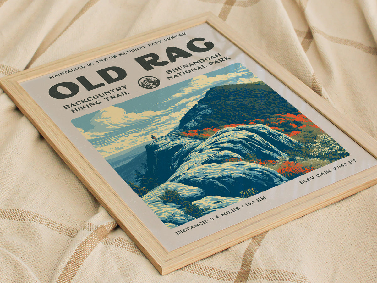 Old Rag, Shenandoah National Park Poster | Hiker Gift | Backcountry Trail Wall Art — styled in a modern interior