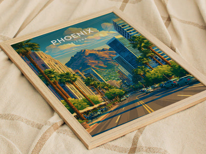 Phoenix, Arizona Poster | Desert Skyline & Saguaro Sunset Wall Art — styled in a modern interior
