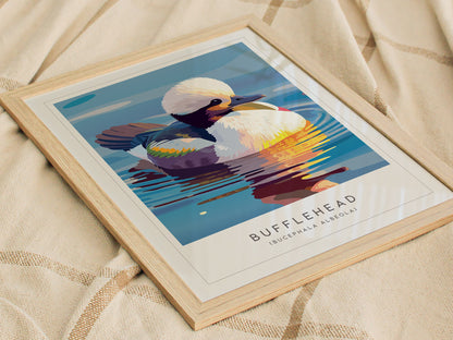 Bufflehead, Bucephala albeola Poster | Diving Duck Wildlife Print Wall Art — styled in a modern interior