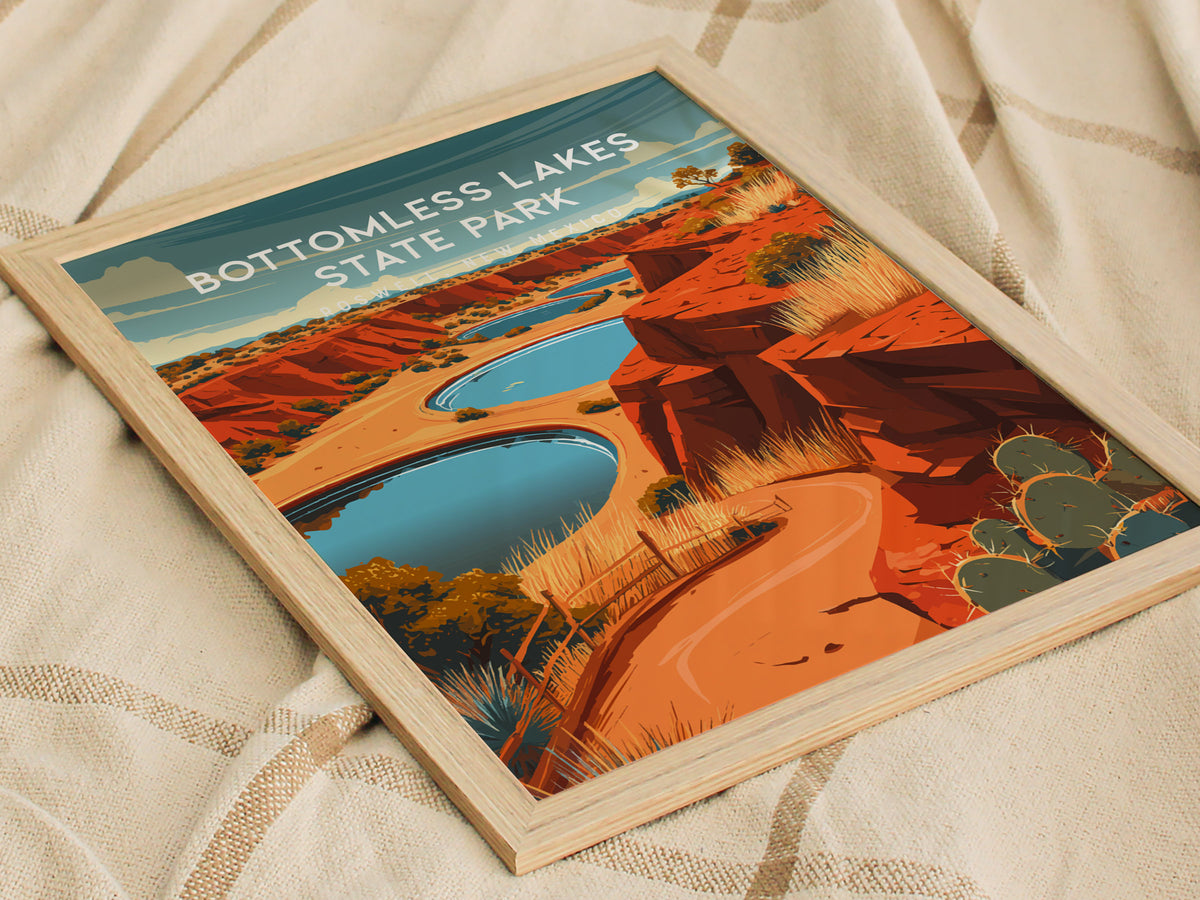 Bottomless Lakes State Park, Roswell, New Mexico Poster | Desert Oasis Destination Print Wall Art — styled in a modern interi
