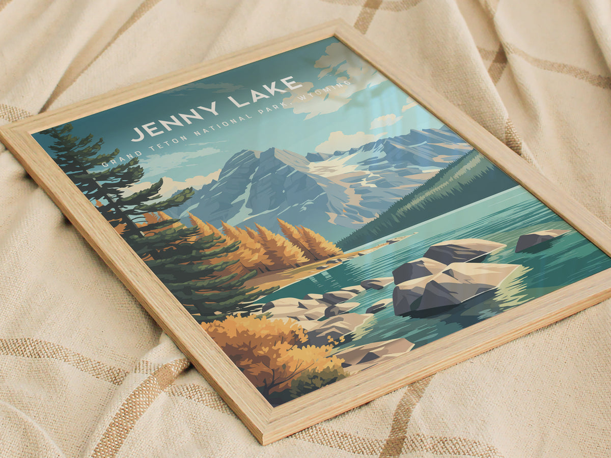 Jenny Lake, Grand Teton National Park, Wyoming Poster | Mountain Reflection Destination Print Wall Art — styled in a modern i