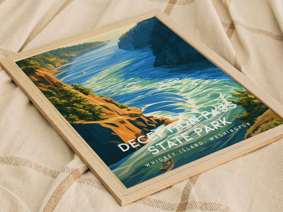 Deception Pass State Park, Whidbey Island, Washington Poster | Dramatic Bridge & Emerald Waters Wall Art — styled in a modern