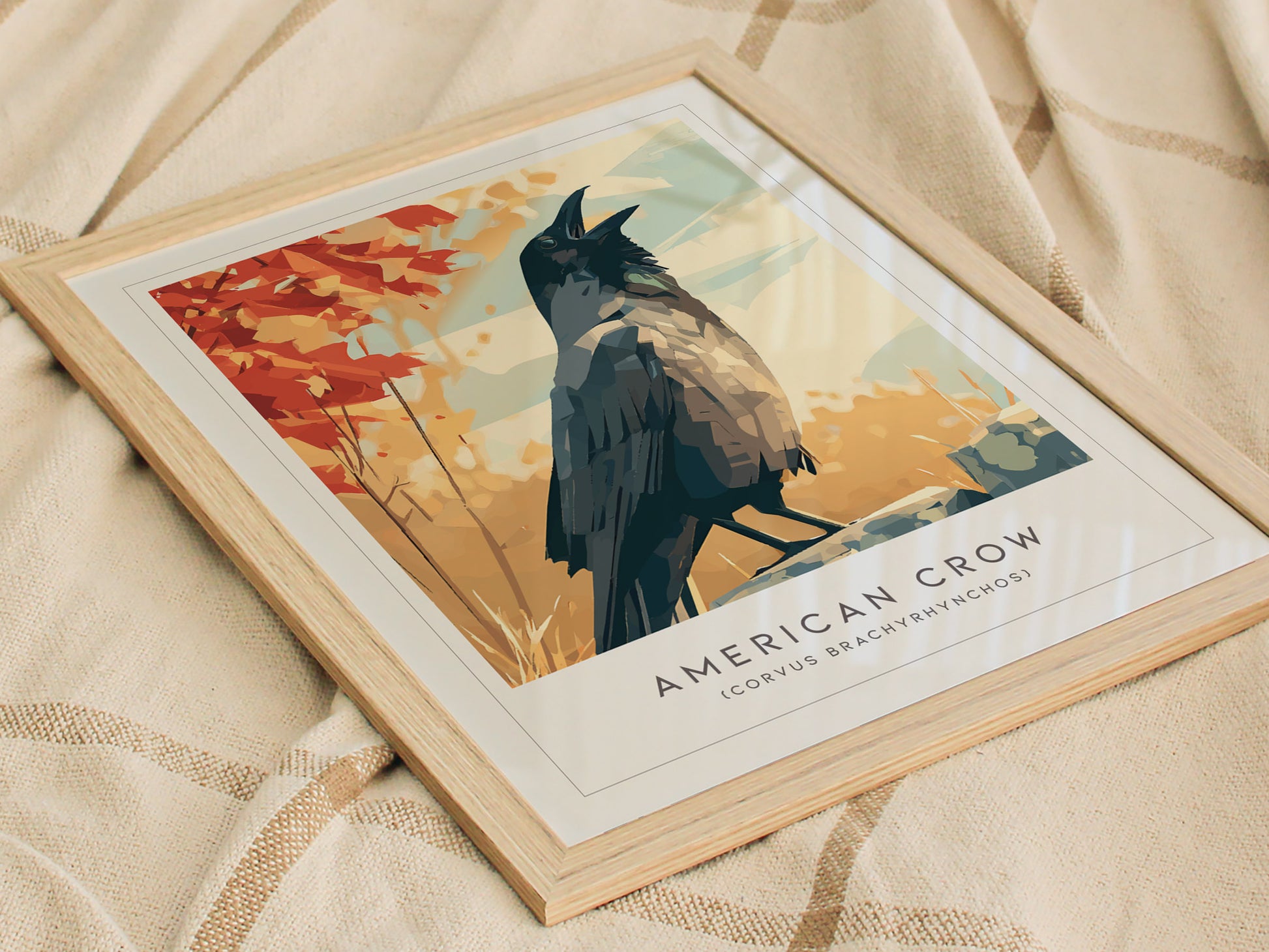 American Crow Poster | Dark Elegance Corvid Bird Wall Art — styled in a modern interior