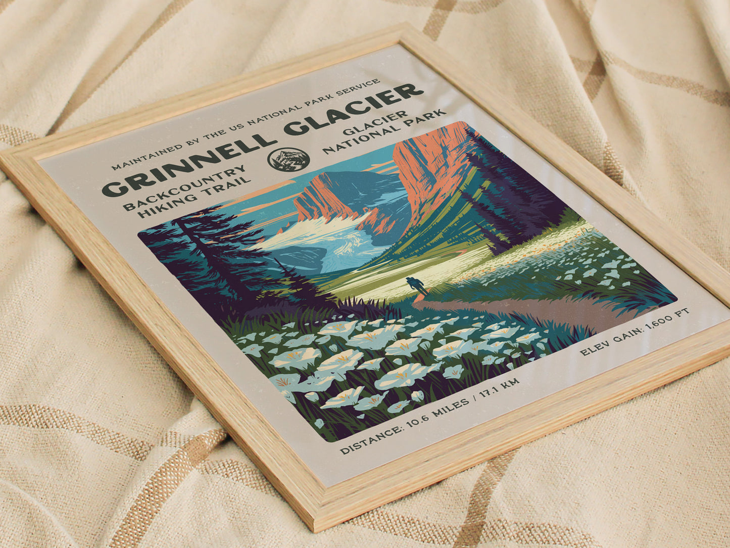 Grinnell Glacier, Glacier National Park Poster | Hiker Gift | Backcountry Trail Wall Art — styled in a modern interior