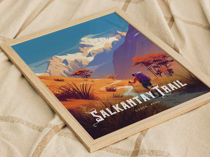 Framed Salkantay Trail poster depicting a hiker with a backpack in a vibrant, illustrated landscape of snow-capped mountains and orange-hued terrain. Text reads Salkantay Trail, Cusco, Peru.
