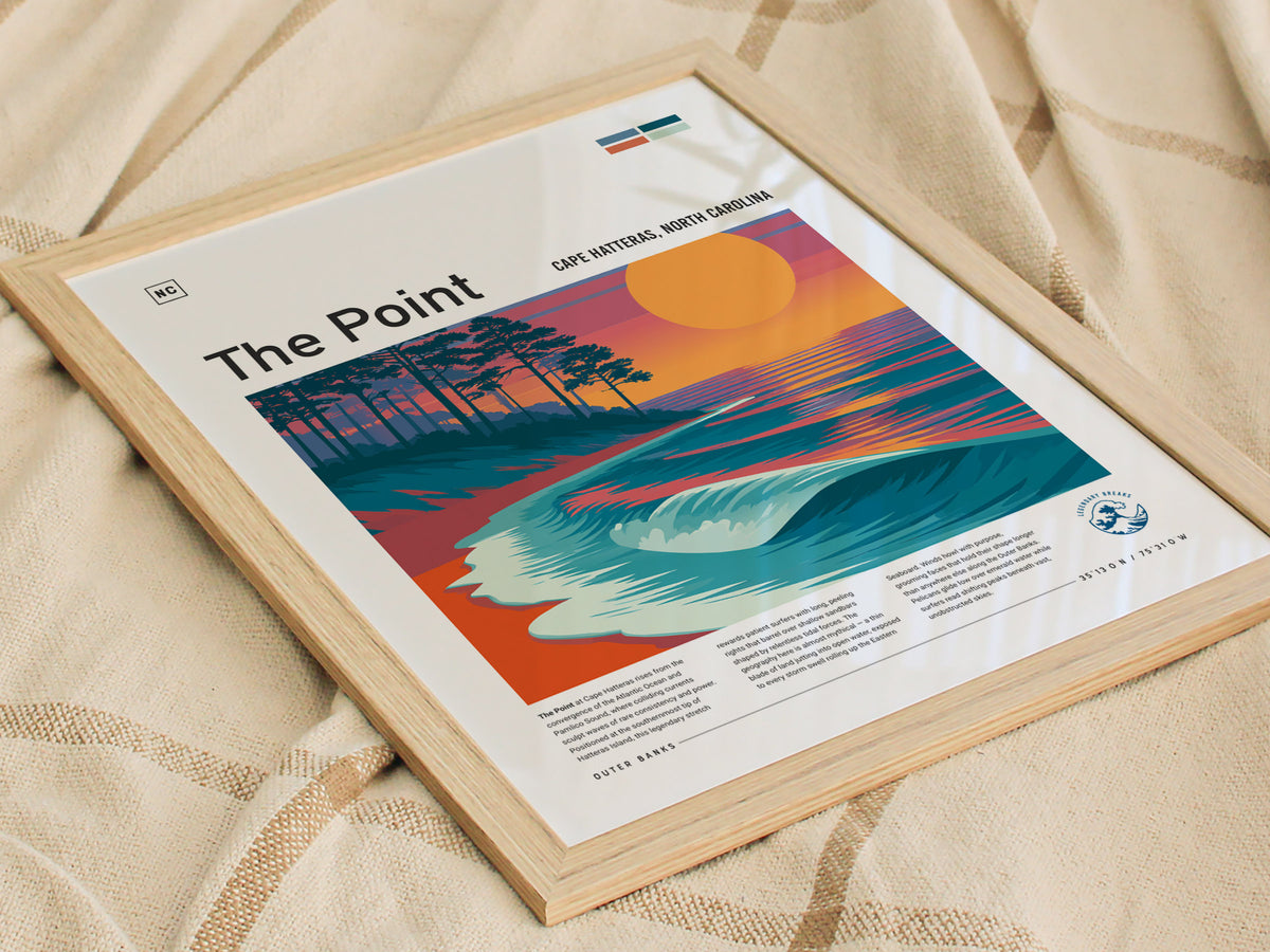 The Point, Cape Hatteras, North Carolina Poster | Surf Wall Art Beach House Decor — styled in a modern interior