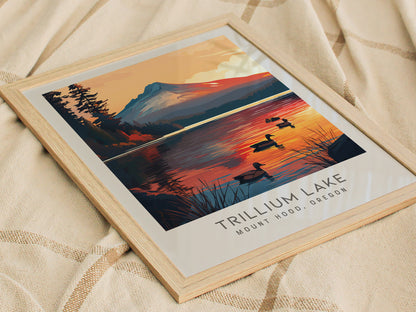 Trillium Lake Matte Border Poster | Mount Hood, Oregon Travel Wall Art — styled in a modern interior