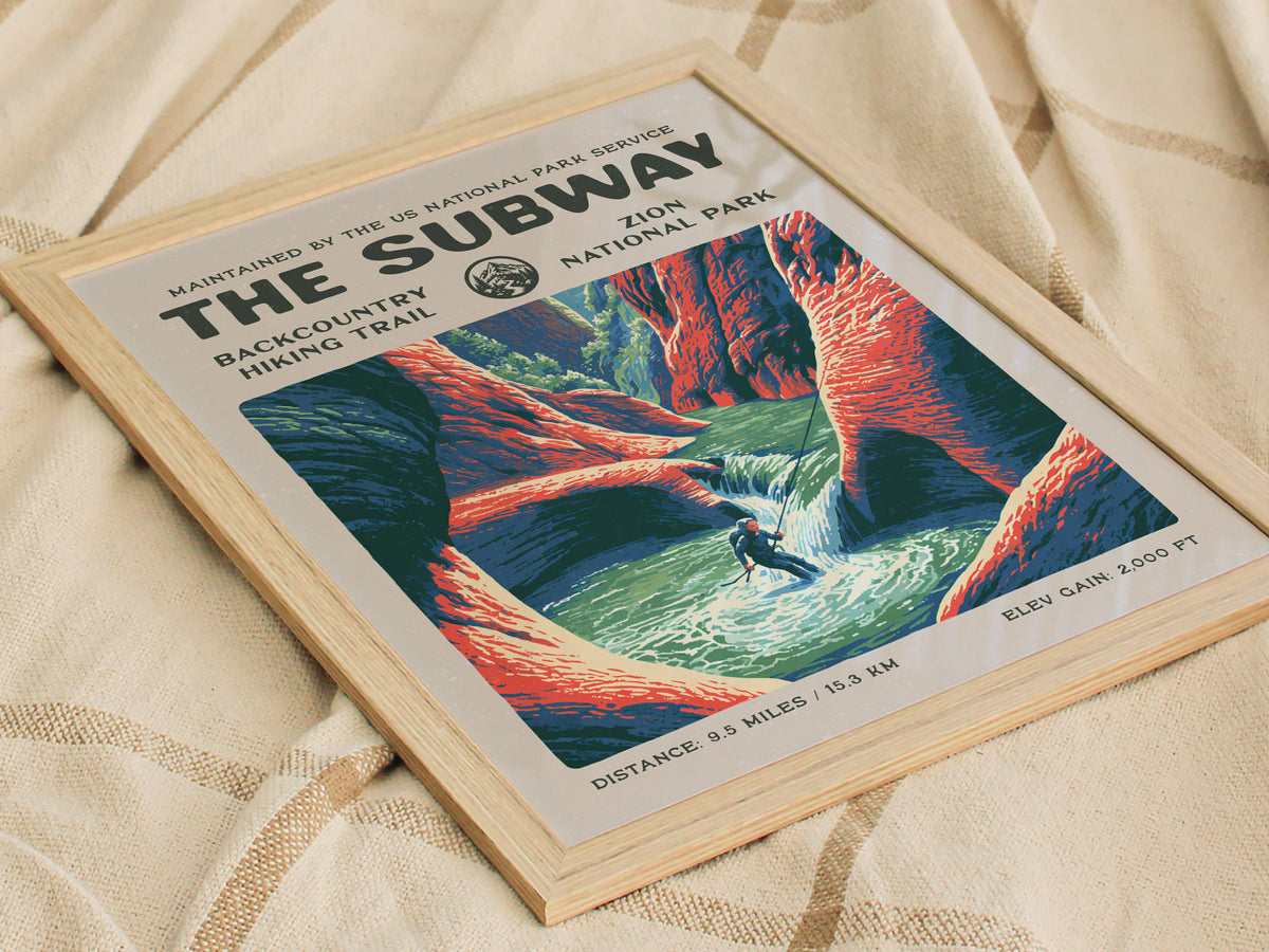 The Subway, Zion National Park Poster | Hiker Gift | Backcountry Canyon Trail Wall Art — styled in a modern interior